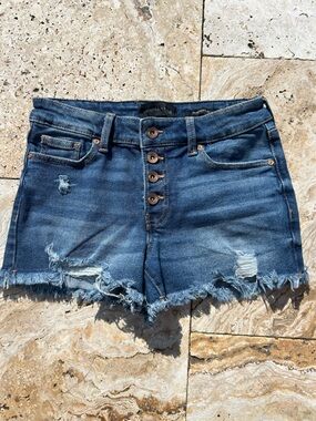 Kendall & Kylie Frayed Dark Blue Button-Fly Denim Shorts